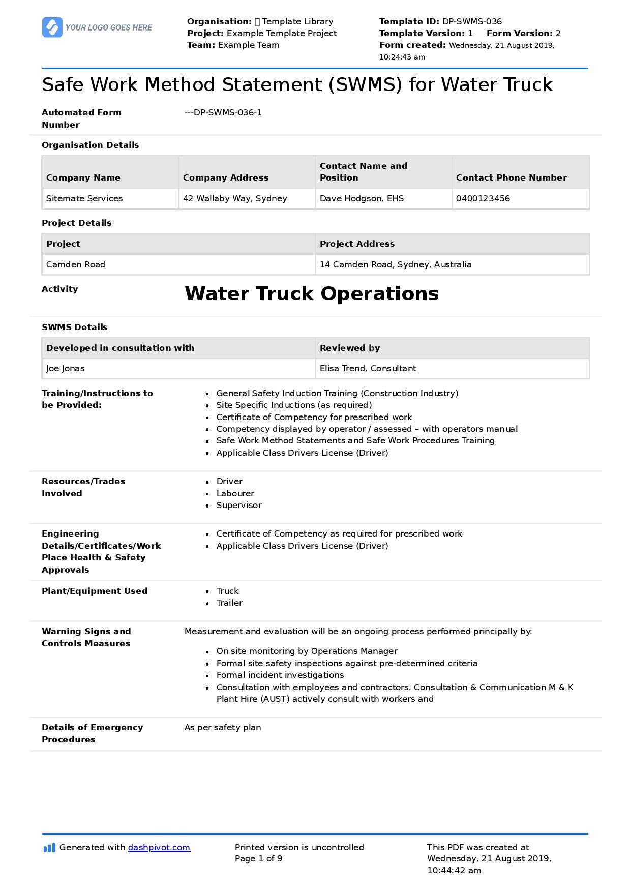 Water Truck Safe Work Method Statement (Free + Editable Swms) With Safe Driving Certificate Template