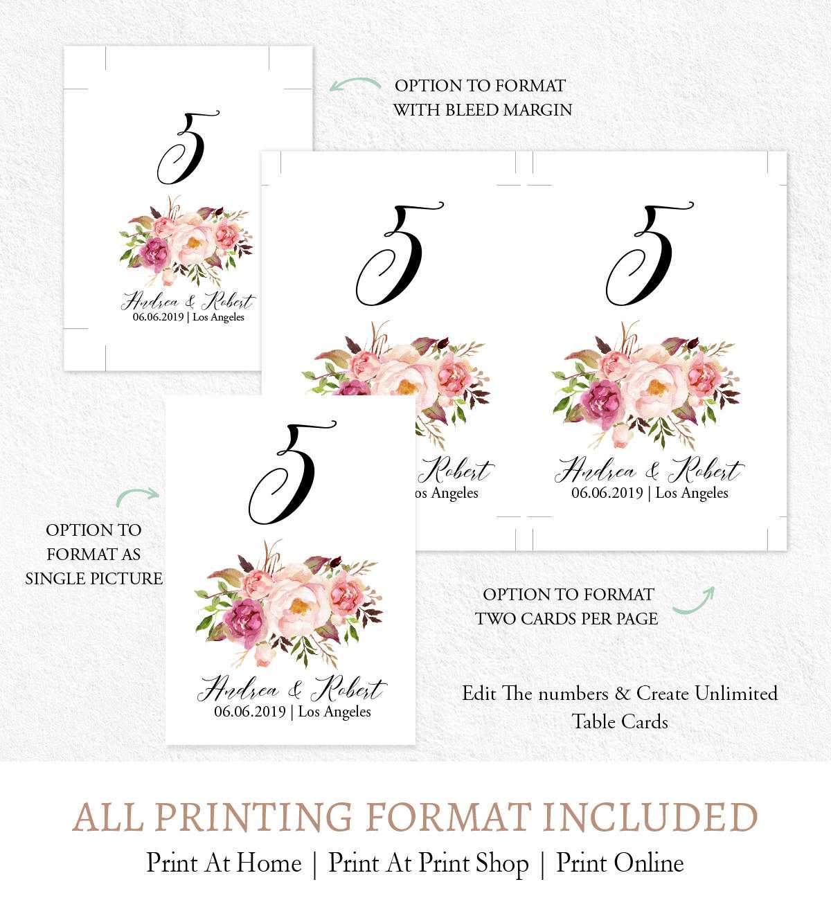 Watercolor Flowers Table Numbers Signage, Editable Numbers Card Template  Digital Printable F9 Regarding Table Number Cards Template