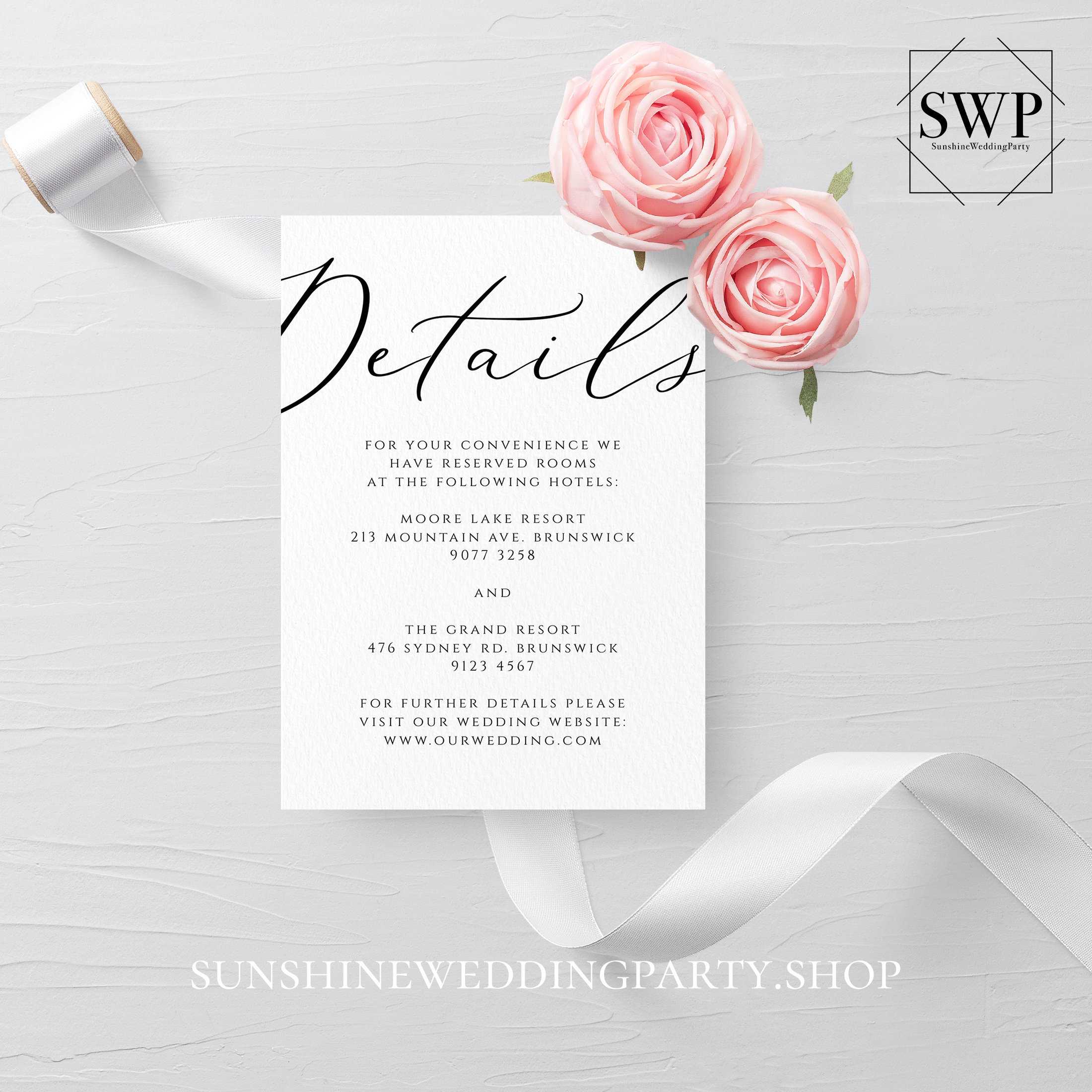 Wedding Details Card Template Fully Editable Printable Inside Wedding Hotel Information Card Template