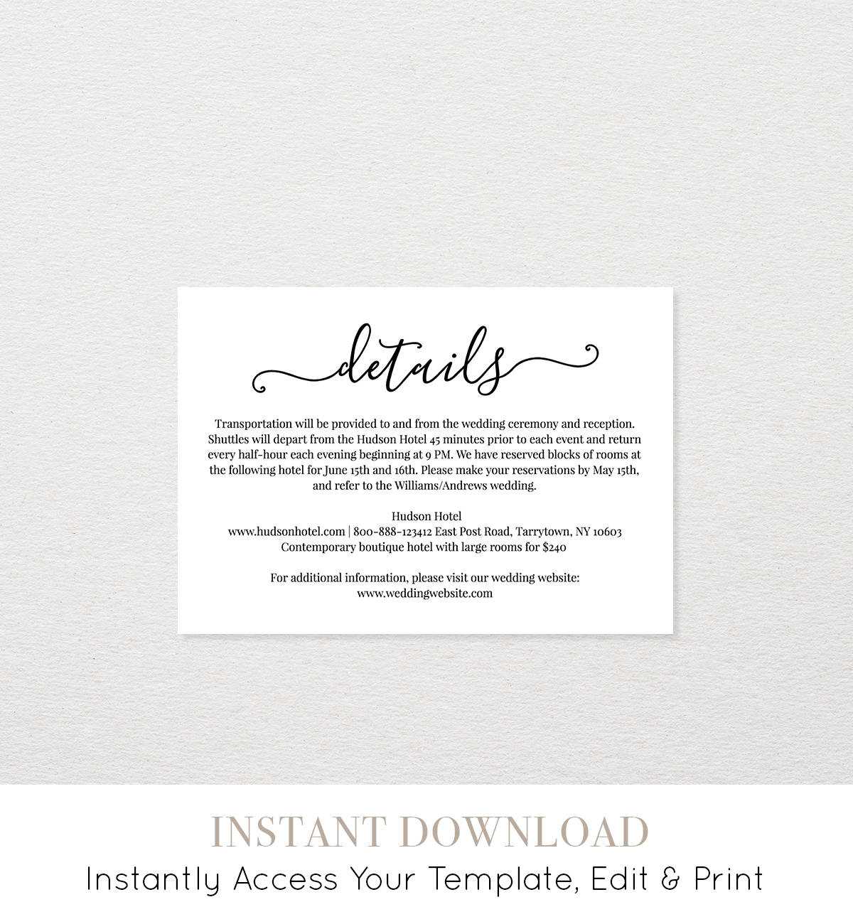Wedding Details Card Template, Printable Accommodations Throughout Wedding Hotel Information Card Template