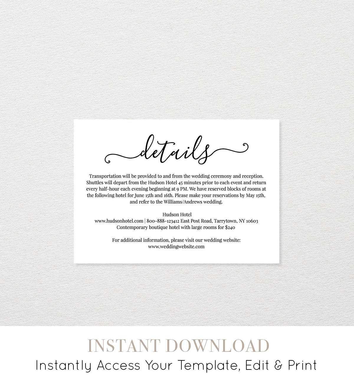 Wedding Details Card Template, Printable Accommodations throughout Wedding Hotel Information Card Template