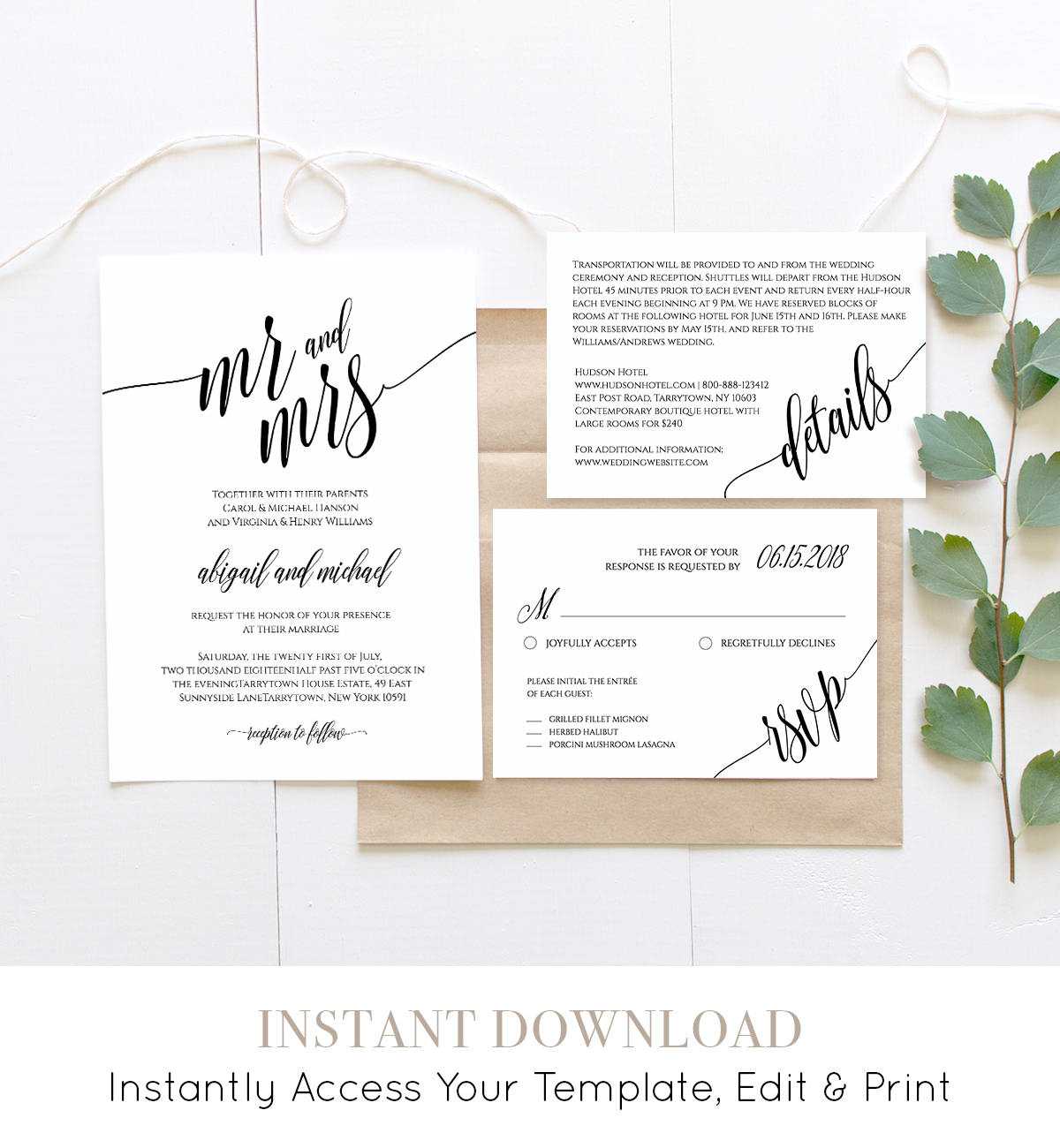Wedding Invitation Template, Instant Download, Rustic Within Wedding Hotel Information Card Template