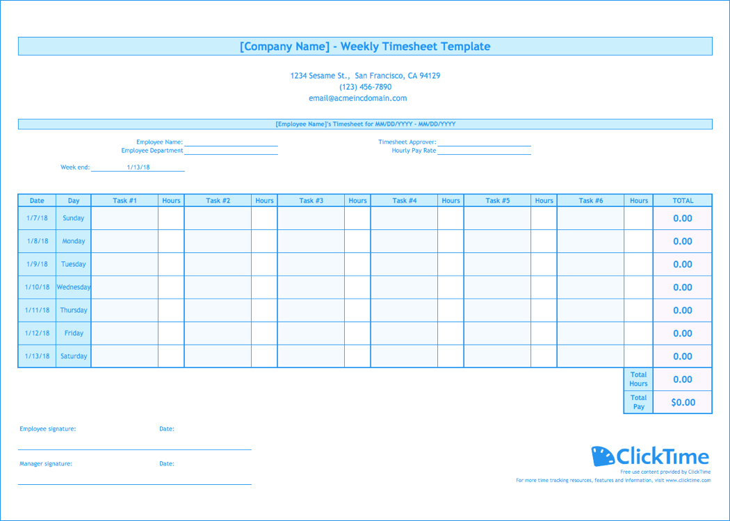 Weekly Timesheet Template | Free Excel Timesheets | Clicktime In Weekly Time Card Template Free