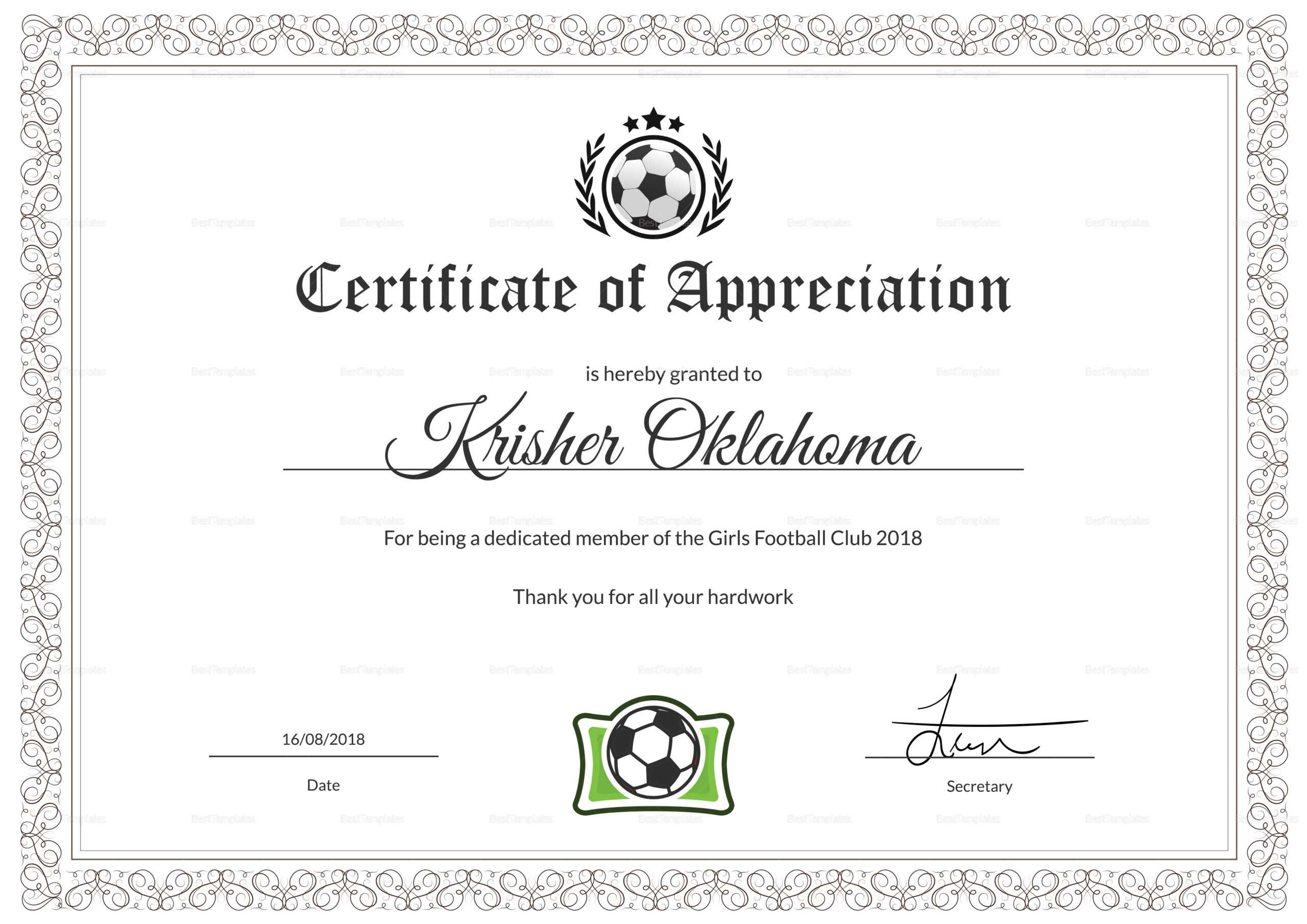 Women Football Appreciation Certificate Template Throughout Football Certificate Template
