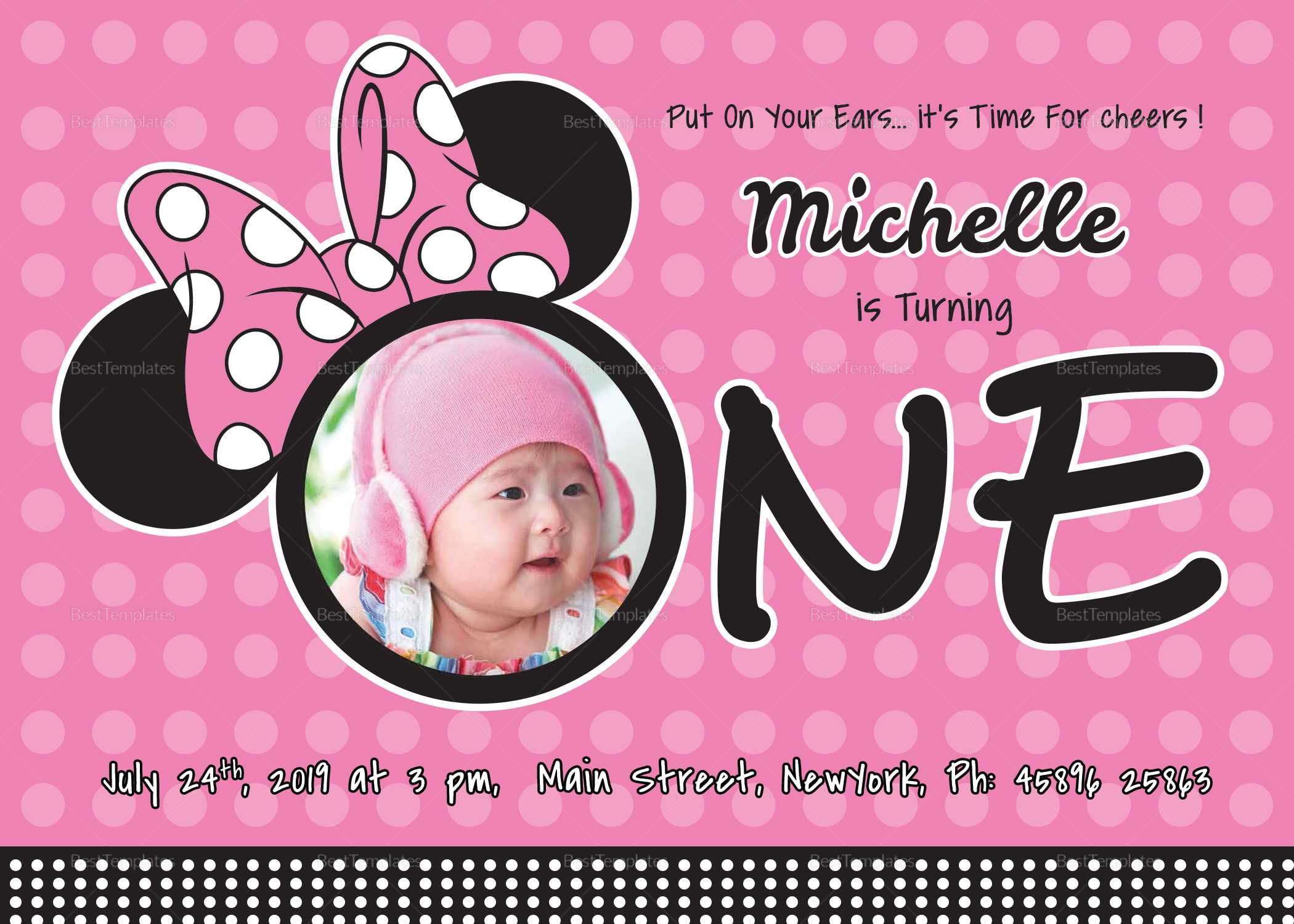 Wonderful Minnie Mouse Birthday Invitation Card Template Within Minnie Mouse Card Templates